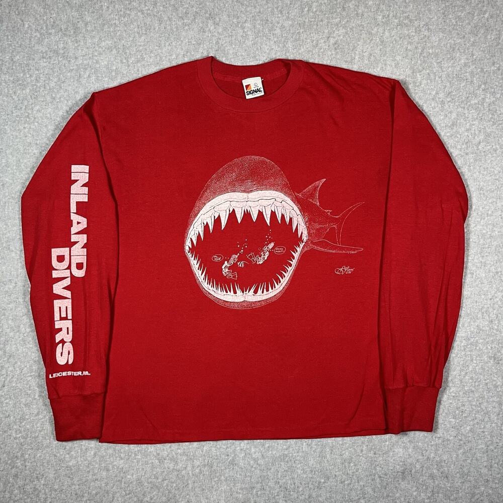 Vintage Inland Divers Giant Shark Long Sleeve T-shirt Men’s Size Large Red